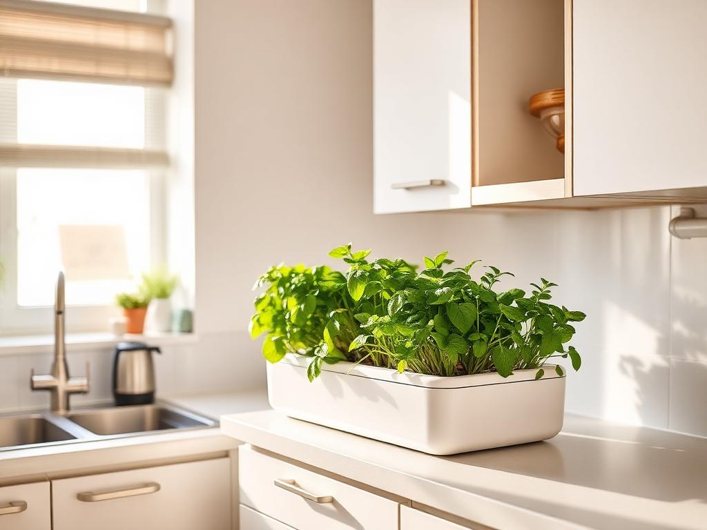 Fresh herbs growing in a countertop hydroponic garden in a bright apartment kitchen