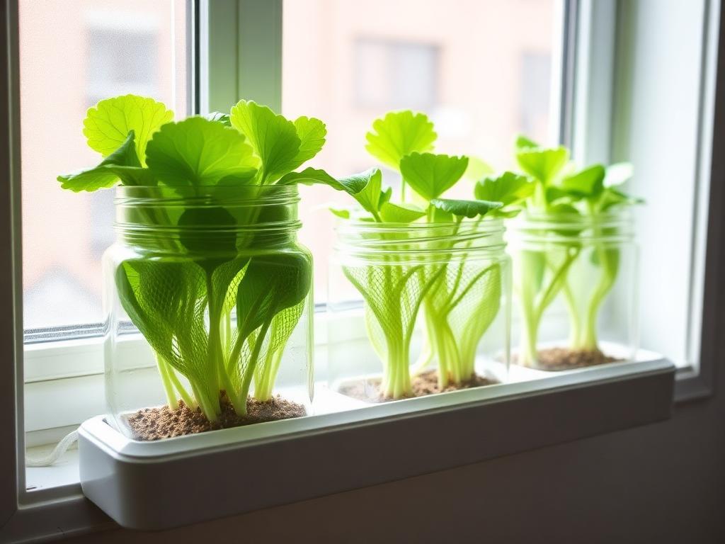 Simple Kratky-method hydroponic jars with lettuce seedlings on a sunny windowsill