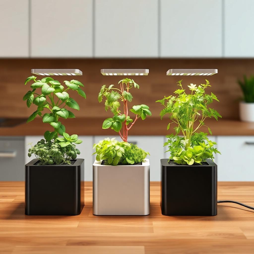 Three indoor herb garden countertop units side by side growing basil, parsley and mint under LED lights on a modern kitchen worktop