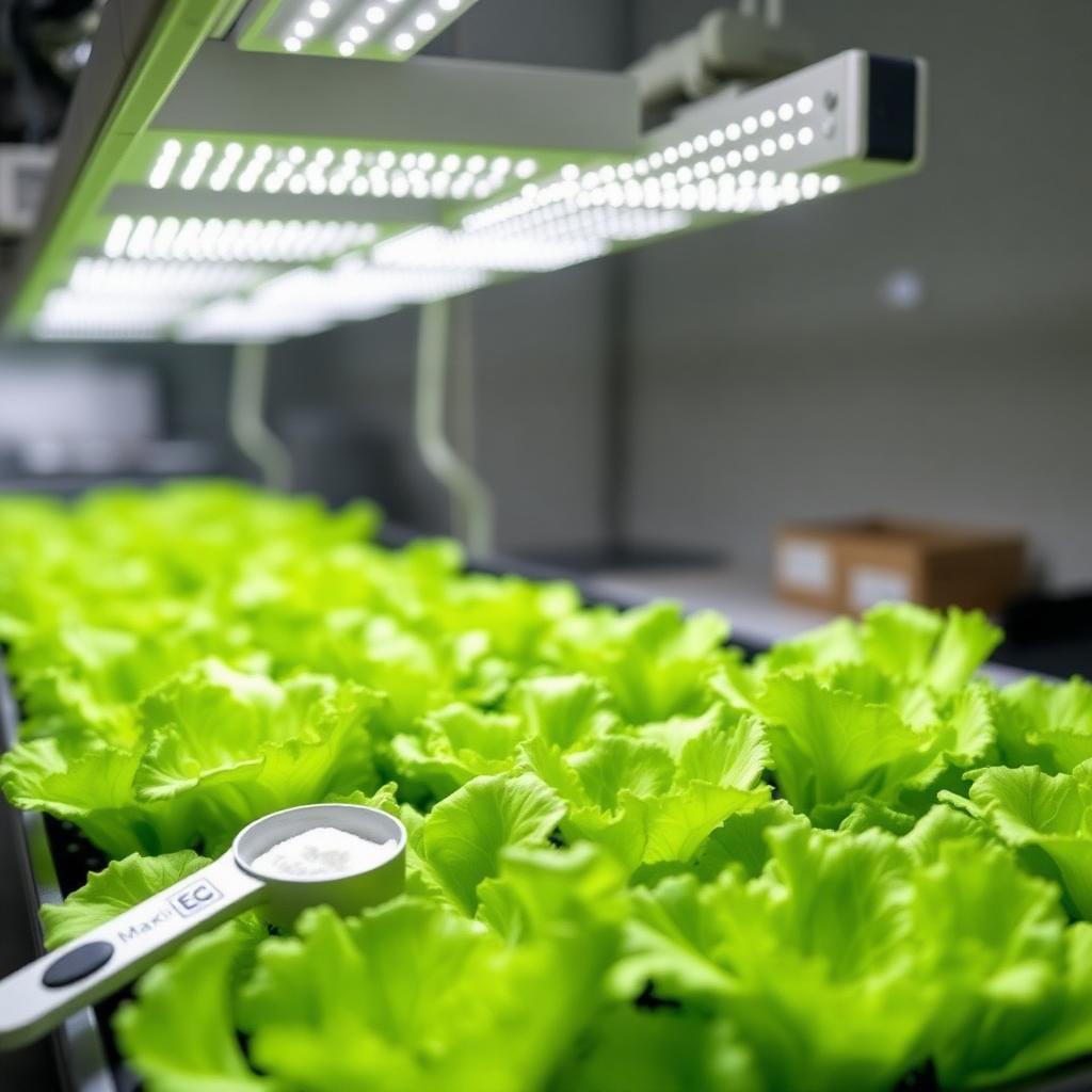 Hydroponic lettuce tray under LED grow lights with a measuring scoop of MaxiGro powdered nutrient on the bench