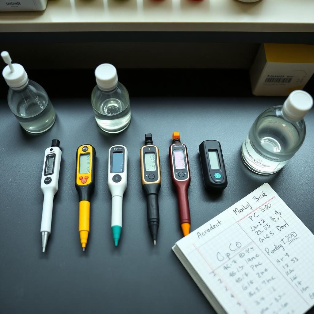 Five hydroponic pH pen meters lined up on a slate workbench beside pH 4.0 and 7.0 calibration solution bottles and a notebook of drift readings