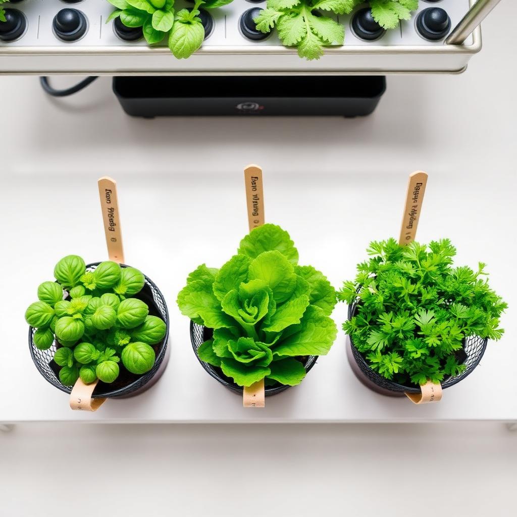 Top-down view of three hydroponic net pots with Genovese basil, buttercrunch lettuce and curly parsley side by side on a white test bench