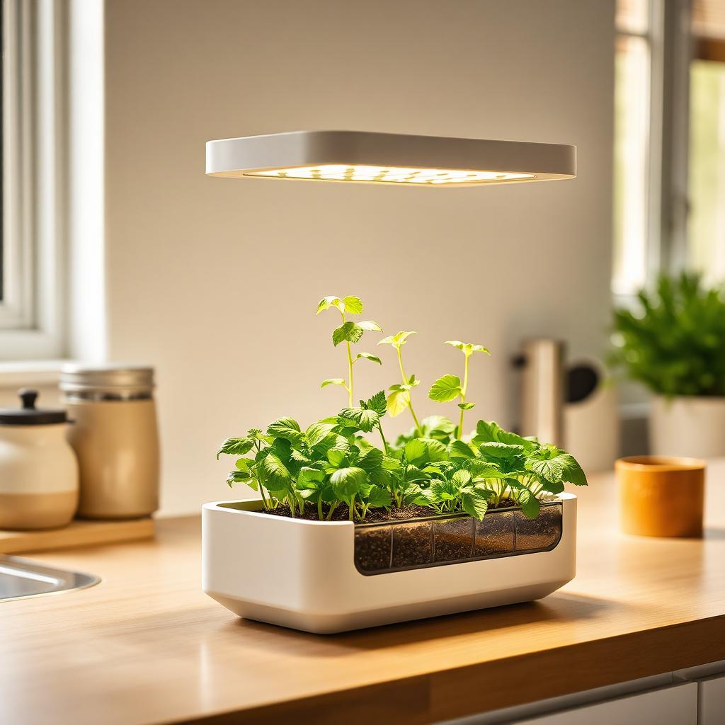 Click & Grow Smart Garden 9 with strawberry and herb plants growing under a warm white LED arch on a sunlit kitchen counter