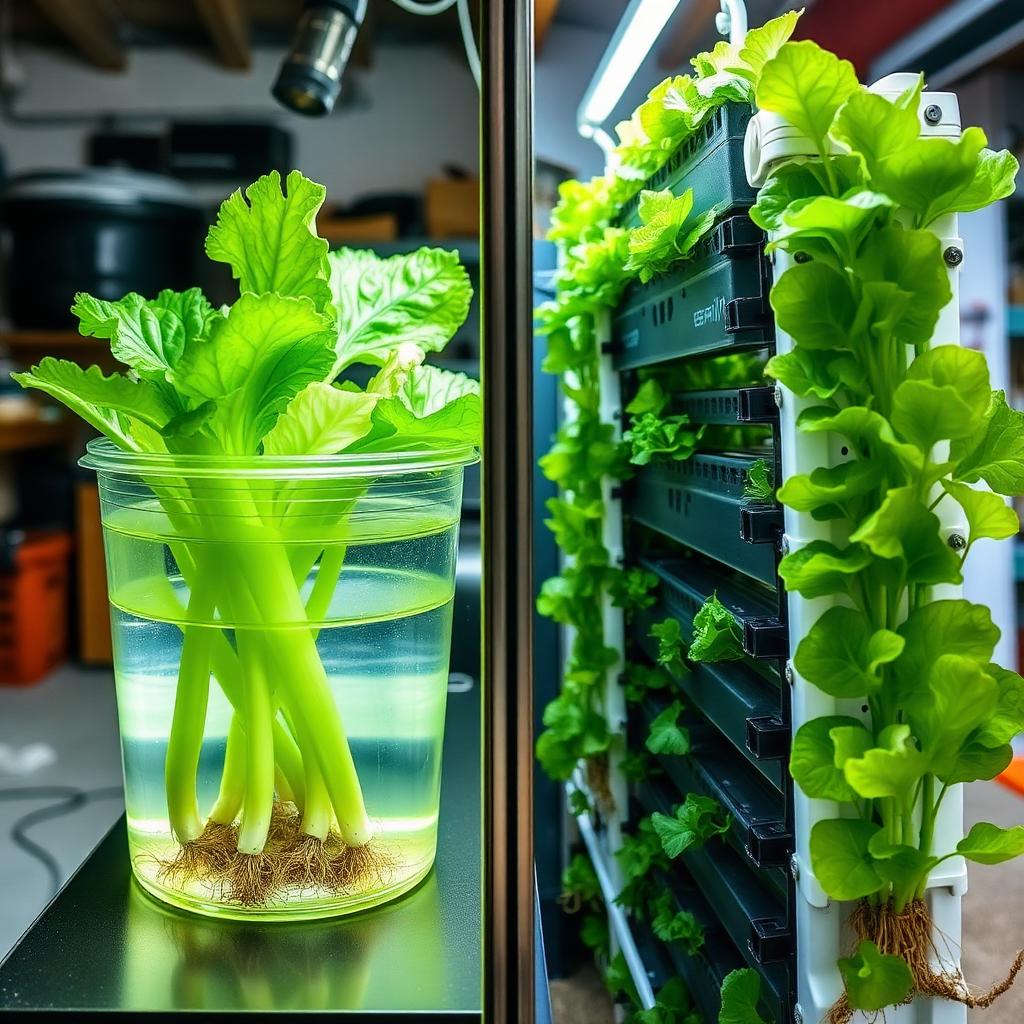 Deep Water Culture bucket with lettuce roots on the left and a Nutrient Film Technique channel rack with lettuce on the right, photographed side by side in a home grow space