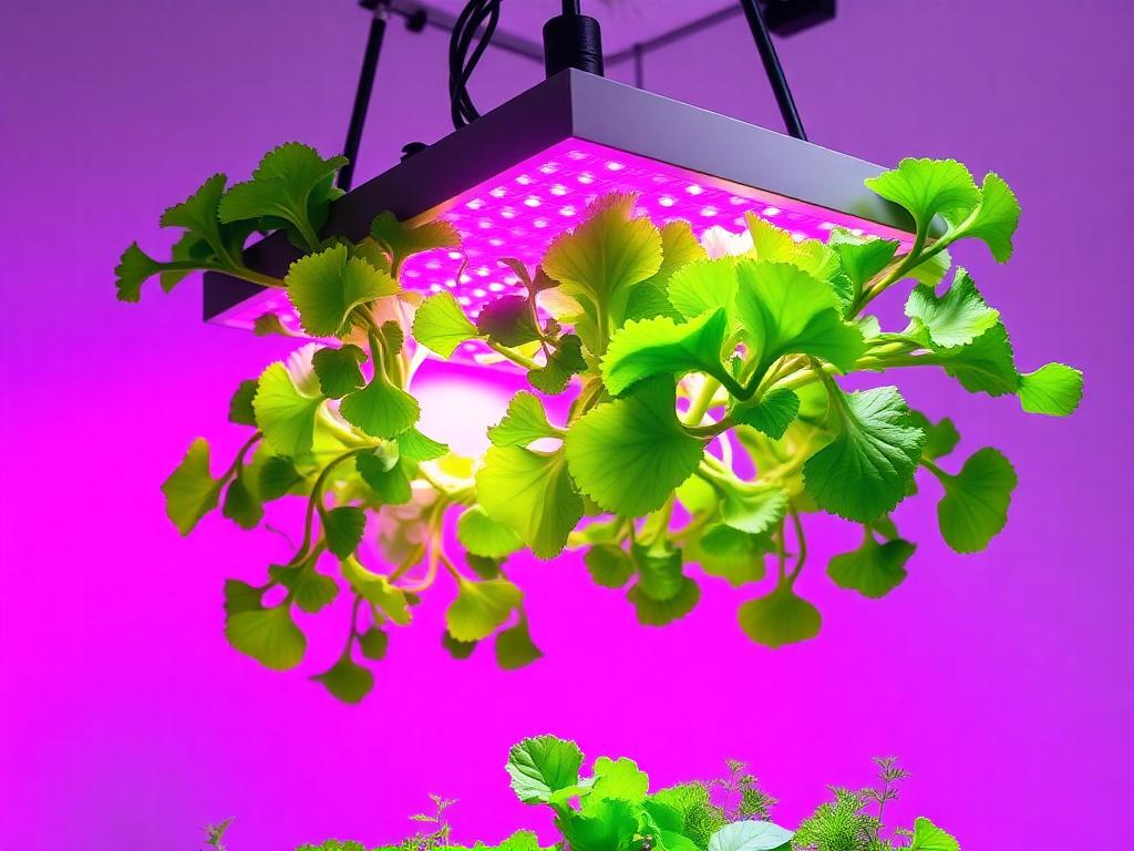 Full-spectrum LED grow light illuminating green leafy plants below