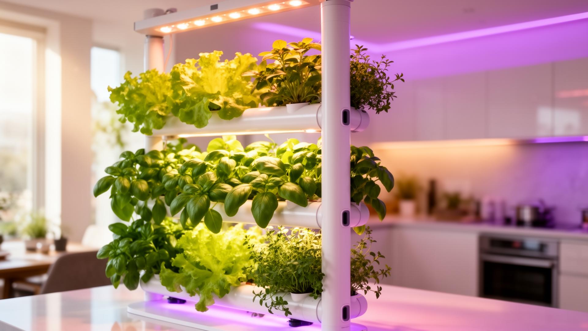 Indoor hydroponic tower growing lettuce, basil and herbs in a modern apartment kitchen
