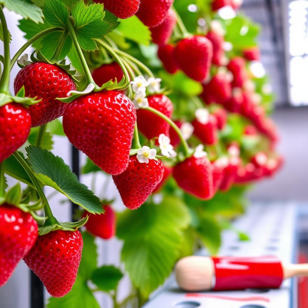 Ripe red hydroponic strawberries and white flowers on a vertical indoor grow tower with a soft paintbrush used for hand pollination on the bench