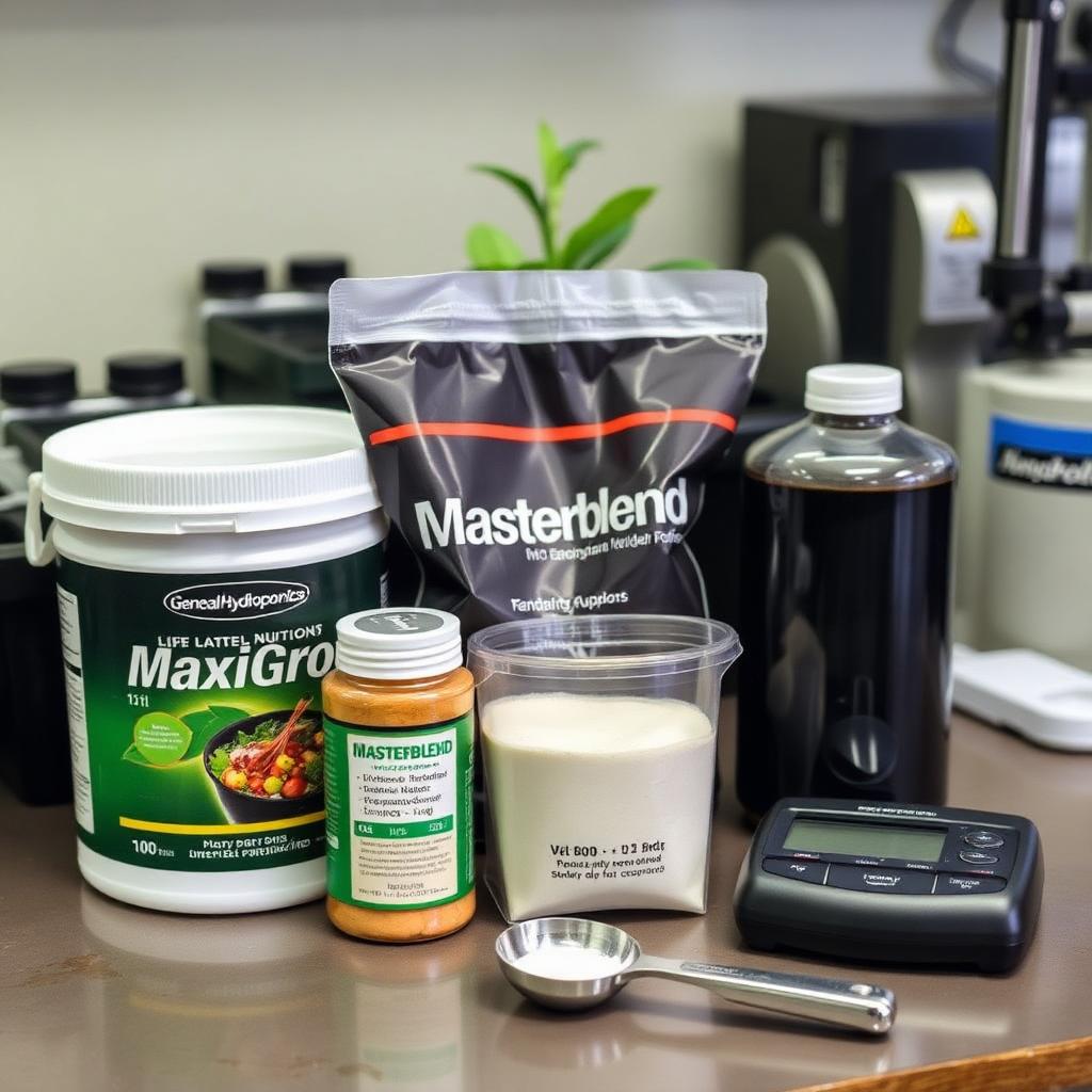 Hydroponic nutrient bottles and powders on a workbench including General Hydroponics MaxiGro, Masterblend 4-18-38 and a three-part liquid set with a measuring scoop and digital scale