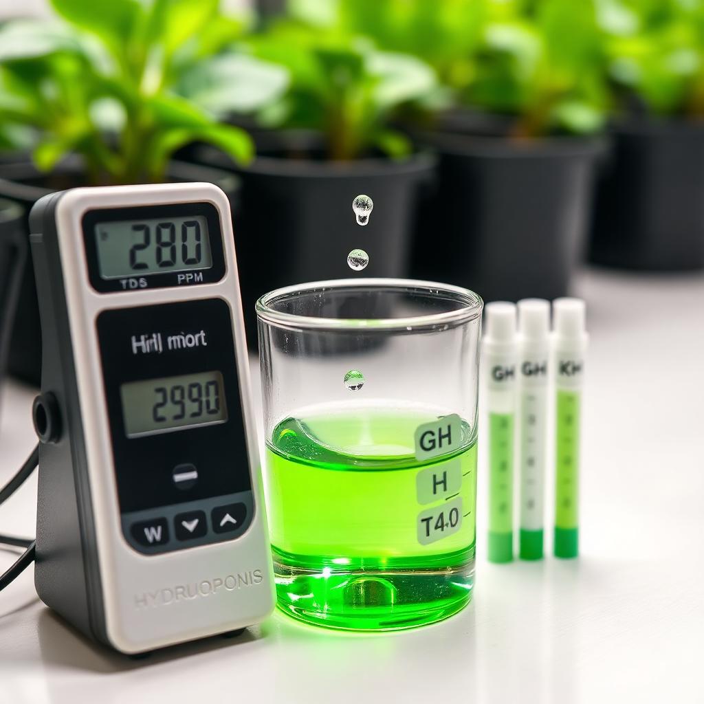 Hydroponic water quality test showing a TDS meter reading 280 ppm beside a beaker turning green from GH/KH test drops