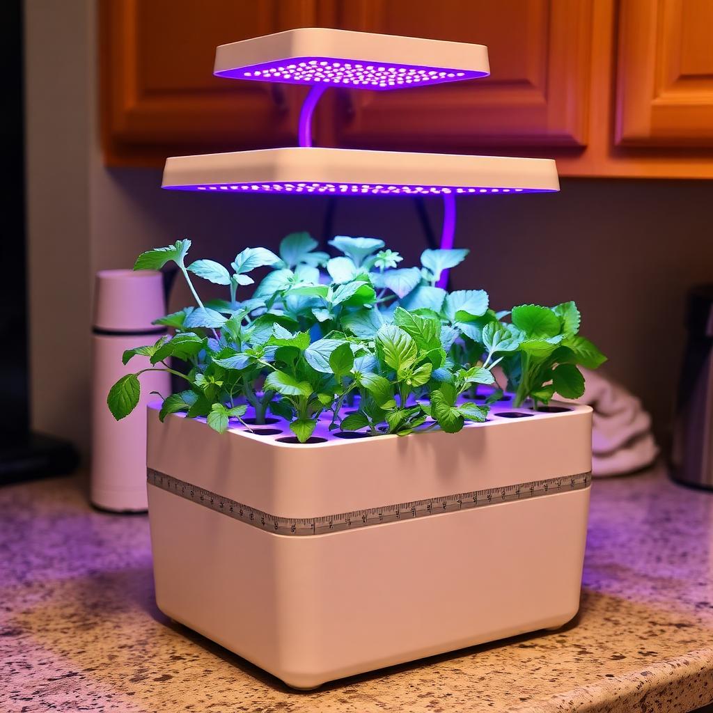 iDOO 12-pod hydroponic countertop garden with mature basil and lettuce growing under a purple LED grow light on a kitchen counter