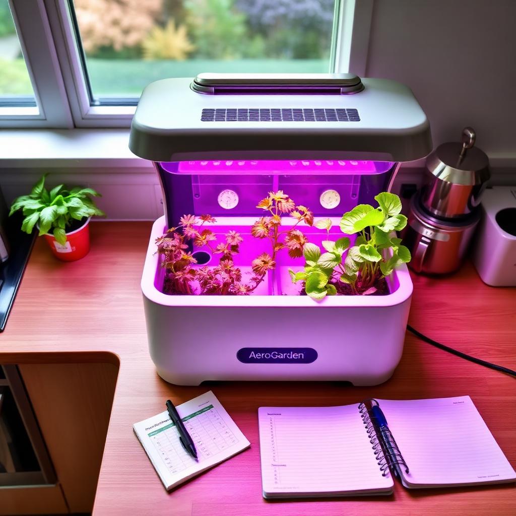 AeroGarden Harvest 360 hydroponic countertop garden growing basil and lettuce next to a handwritten 12-month cost spreadsheet on a London kitchen worktop