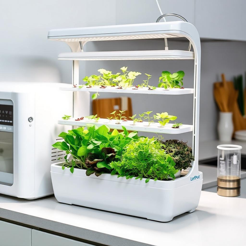 LetPot 21-pod hydroponic garden with mixed greens and herbs growing under a tall adjustable LED bar on a modern kitchen counter