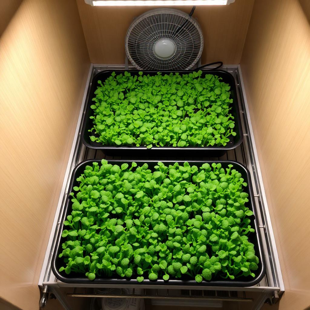 Two 10x20 trays of broccoli microgreens at different growth stages on a home shelf with a small clip-on fan and an overhead LED grow light