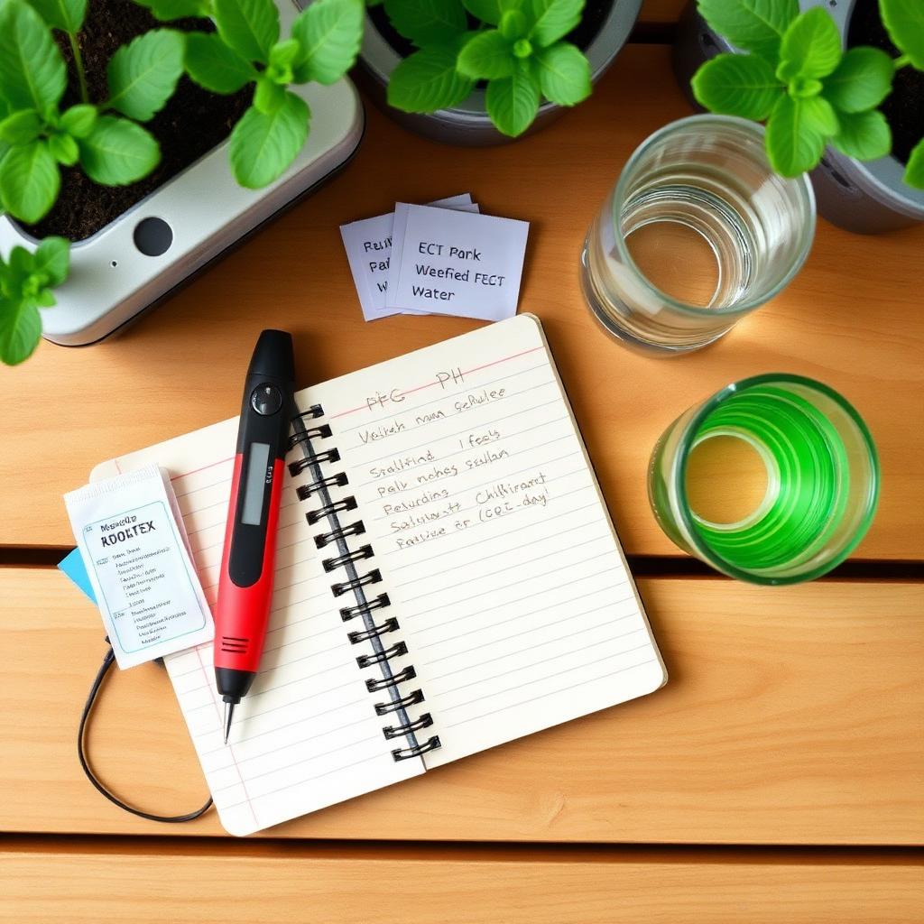 Beginner hydroponic test kit flat lay: combo pH and EC pen meter, weekly readings notebook, calibration sachets and a glass of nutrient water on a wood workbench