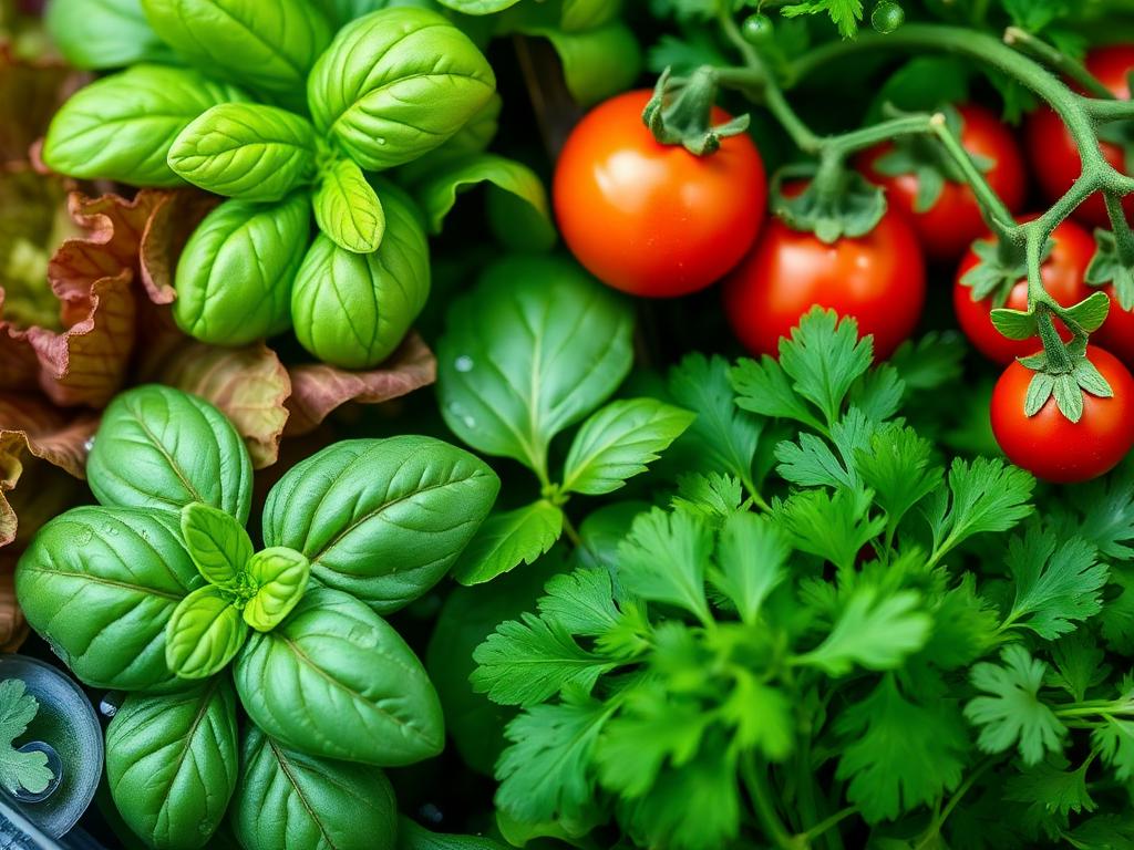 Fresh basil, lettuce, parsley and cherry tomatoes grown hydroponically