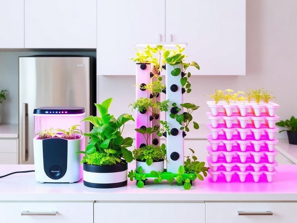 A lineup of popular indoor hydroponic systems on a kitchen counter