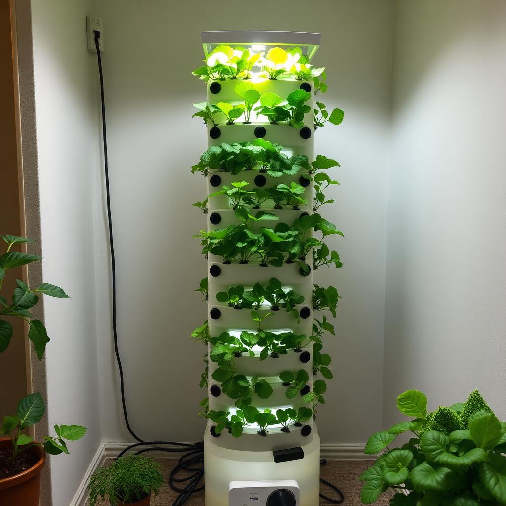 Twenty-pod vertical hydroponic tower with leafy greens cascading from every level under a supplemental LED light bar in a home grow room